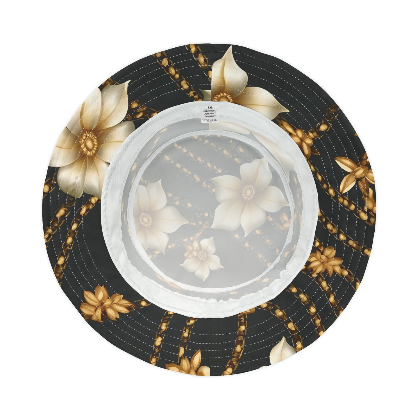 Floral Black & Gold With White Flowers Bucket Hat