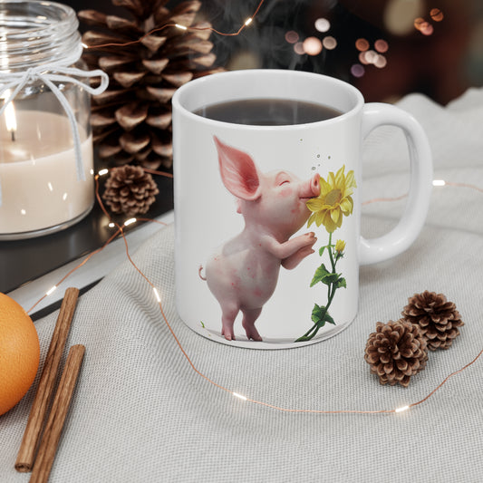 Piggy Smelling A Yellow Flower  *Coffee Mug
