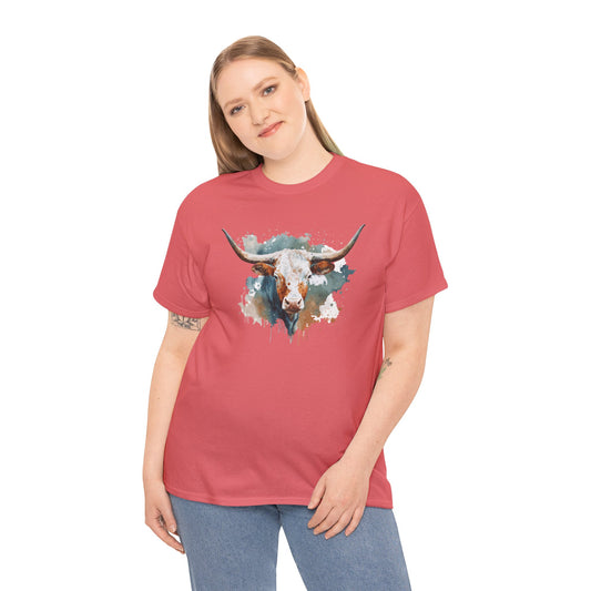 Longhorn Bull With Blue Water Color Background *CW112 T-Shirt