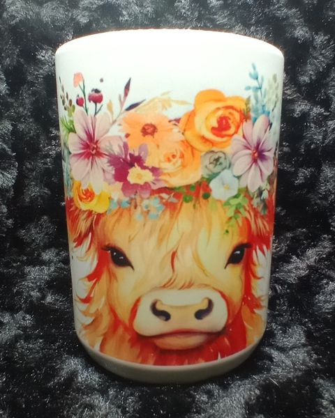 Highlander Cow with Purple, Yellow & Blue Flowers 15oz #203