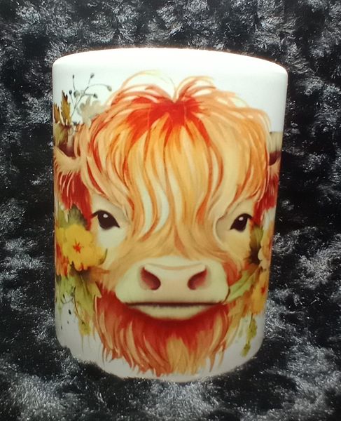 Highlander Cow Coffee Mug with Yellow Flowers 12oz #204