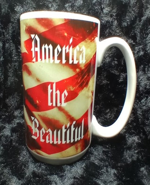 America the Beautiful Coffee Mug with Red, White & Blue Flag 15oz #206