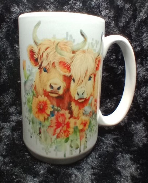 Highlander Cows with Yellow & Red Flowers 15oz #285