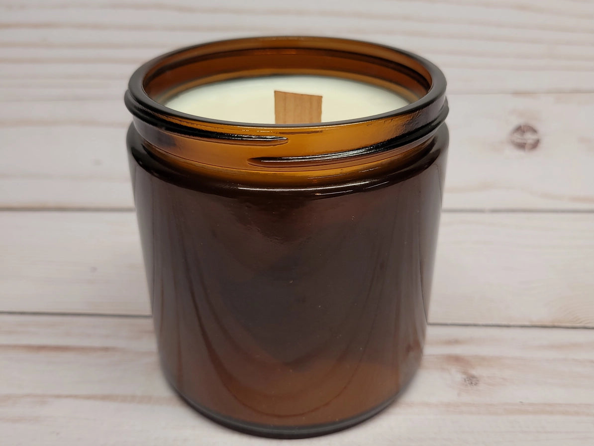 Leather *9oz Amber Jar Candle, Wood Wick