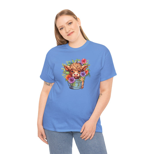 Cutie Cow Calf Blue in Bucket Surrounded By Flowers *CW116 T-Shirt