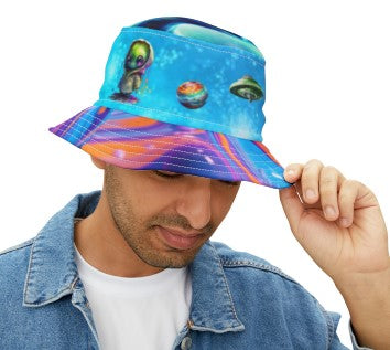  man wearing a bright blue bucket hat with little alien's and spaceships on it. 