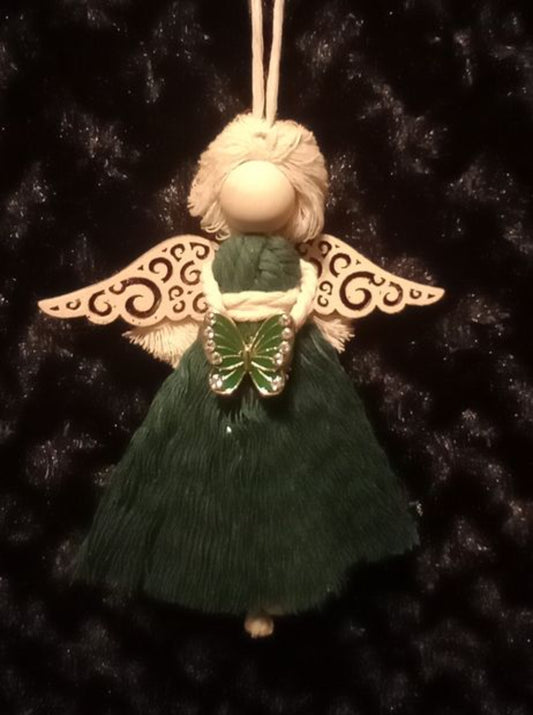 Green Dress Angel holding Butterfly 6"Tall ornament