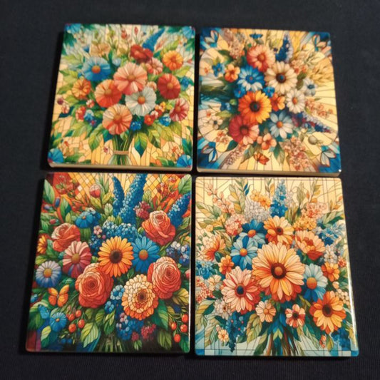 Stained Glass Summer Flowers Ceramic Cup Coasters *Pack Of 4