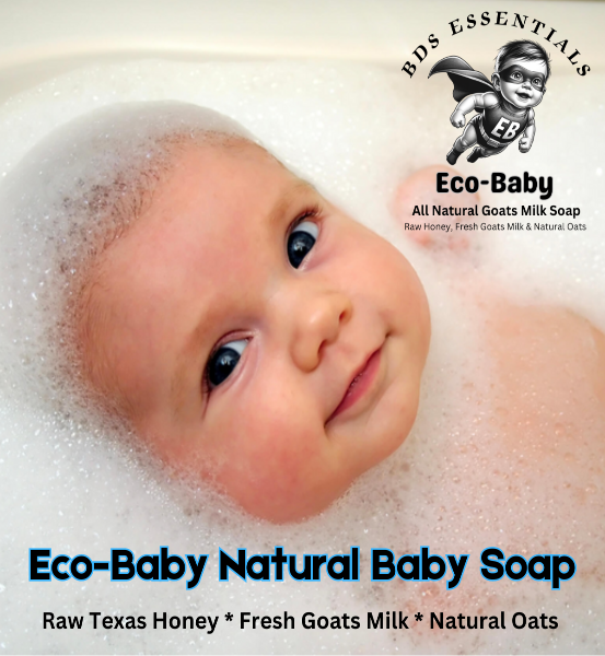 Image of a baby in a bathtub full of bubbles who uses Goats Milk Soap made especially for babies and the words Eco-Baby Natural Baby Soap.