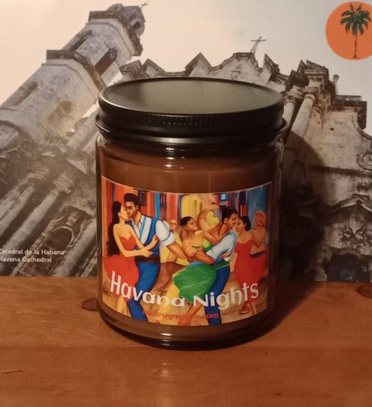 Image of a 9oz Dark Glass Jar Wood Wick Scented Candle with the drawing of Men and Women dancing in the Streets of Havana Cuba with the words Havana Nights.