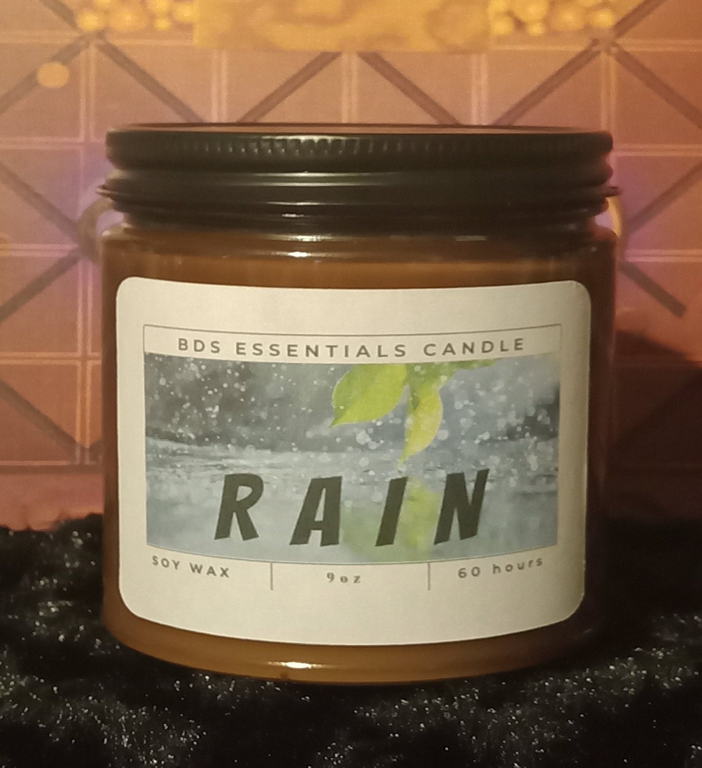 RAIN *9oz Soy & Wax Candle, Amber Jar & Wood Wick