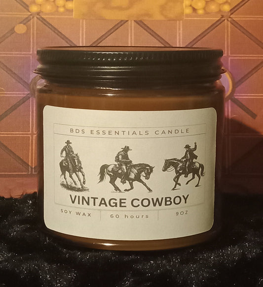 Vintage Cowboy *9oz Soy & Wax Candle, Amber Jar & Wood Wick