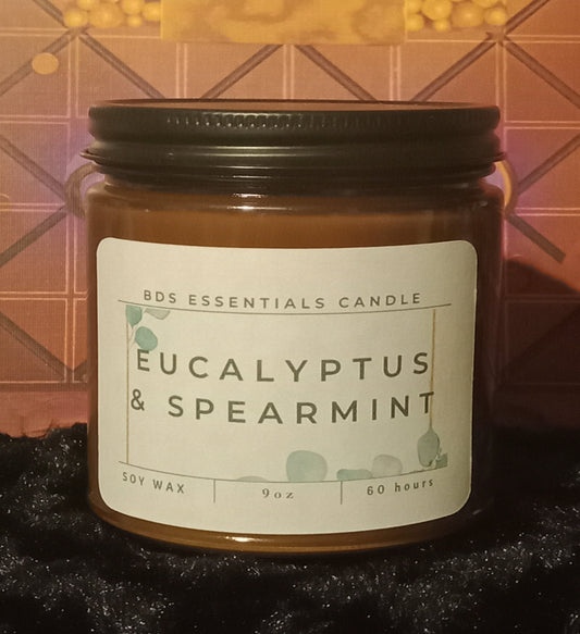 Eucalyptus & Spearmint *9oz Soy & Wax Candle, Amber Jar & Wood Wick