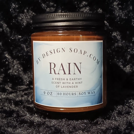 RAIN *9oz Soy & Wax Candle, Amber Jar & Wood Wick